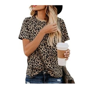 Leopard Print Tops Basic Short Sleeve Soft Blouse